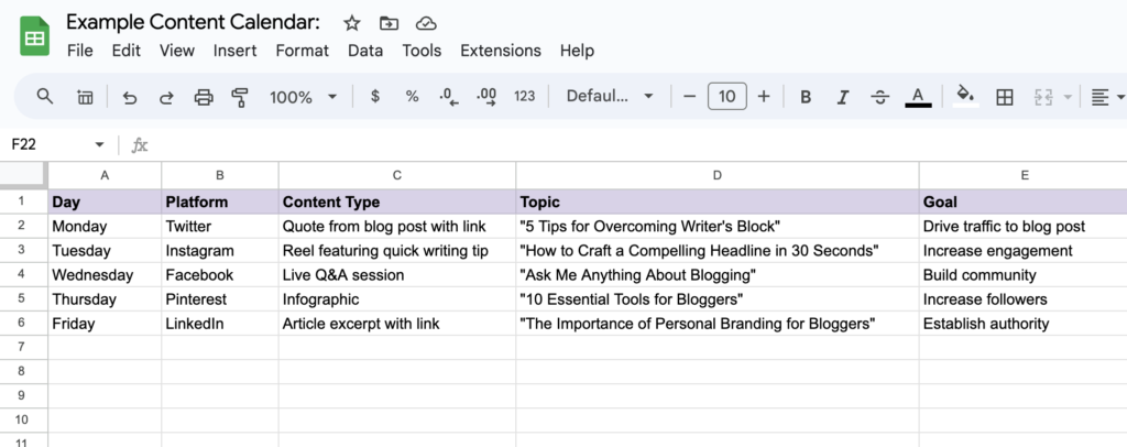 An excel chart of an example of a weekly blog content calendar.