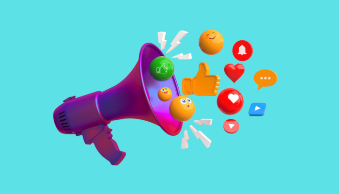 megaphone with social media engagement icons coming out