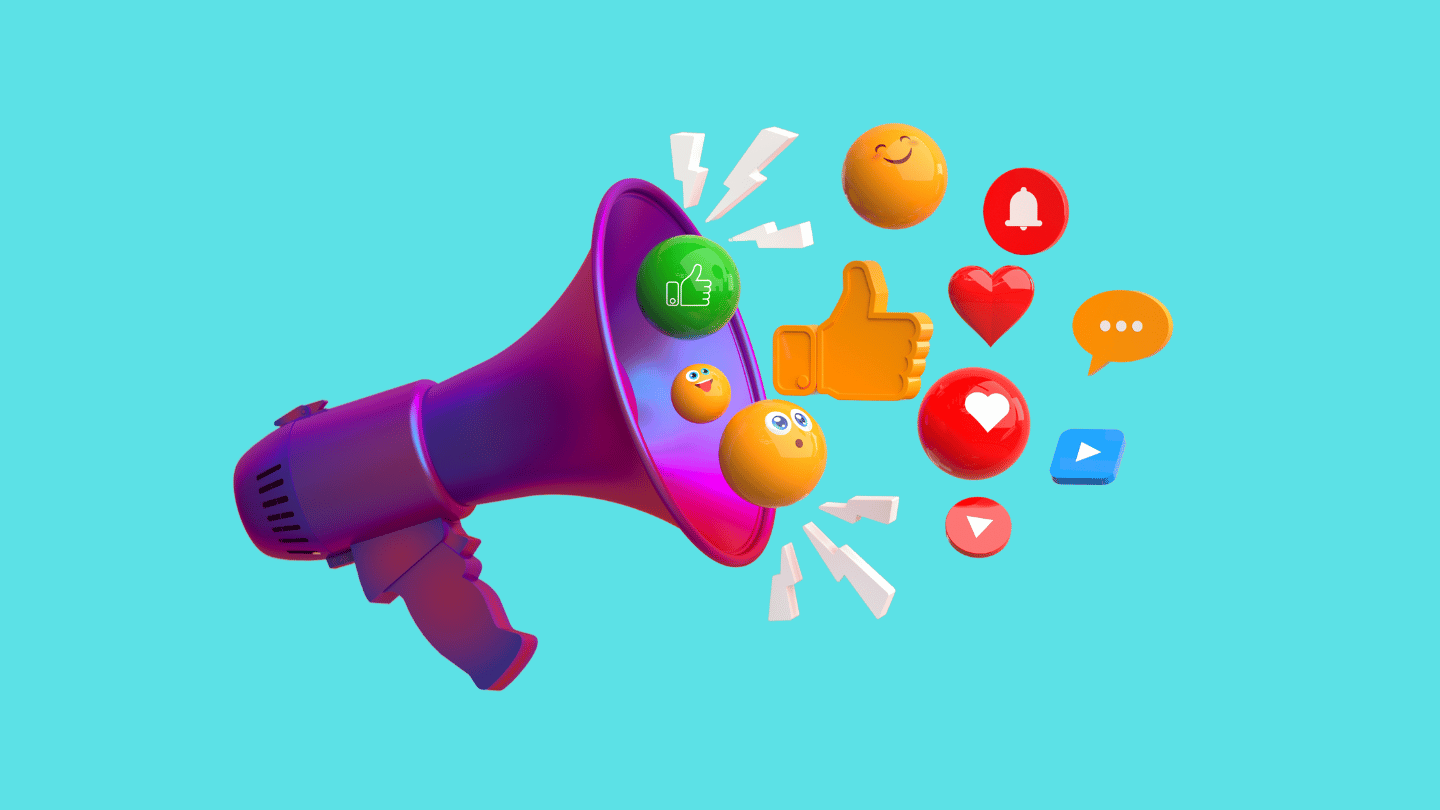 megaphone with social media engagement icons coming out